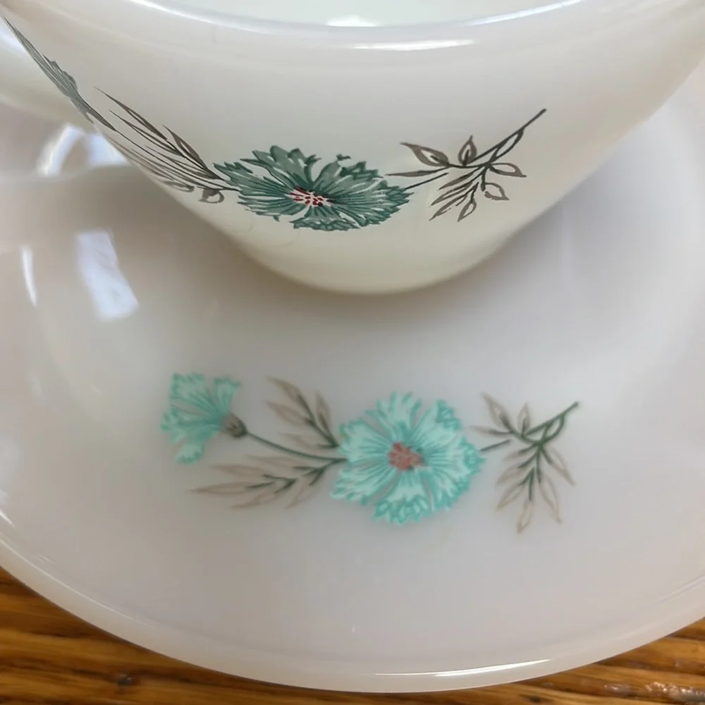Fire King vintage cup & saucer. Bonnie Blue Flower pattern. Good used condition